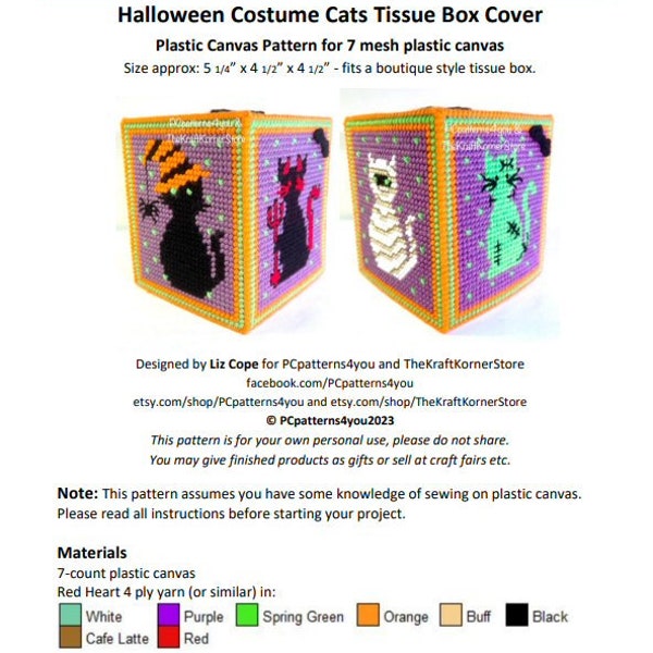 pdf PATTERN - Halloween Costume Cats Tissue Box Cover - pdf download for 7 mesh plastic canvas