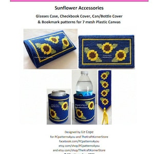 pdf MÖNSTER - Solrostillbehör - pdf-nedladdning för 7 mesh plastcanvas. glasögonfodral, checkhäftesfodral, burk-/flaskfodral. bokmärke