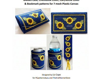 pdf MUSTER - Sunflower Accessories - pdf download für 7 mesh plastic canvas. Brillenetui, Scheckbuchhülle, Dosen-/Flaschenhülle. Lesezeichen