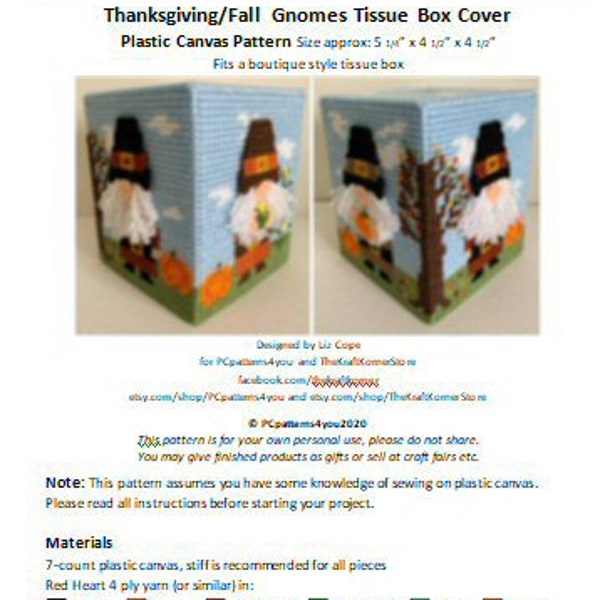 pdf pattern - Thanksgiving / Fall Gnomes Tissue Box Cover - pdf download for 7 mesh plastic canvas