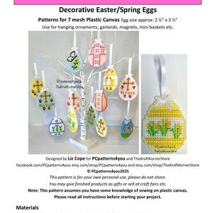 Puede incluir: Siete patrones de punto de cruz para huevos de Pascua de lona plástica. Los patrones presentan una variedad de diseños, incluyendo cruces, mariposas, pollitos y flores. Los patrones están diseñados para lona plástica de 7 mallas y miden aproximadamente 6,5 cm por 9 cm.