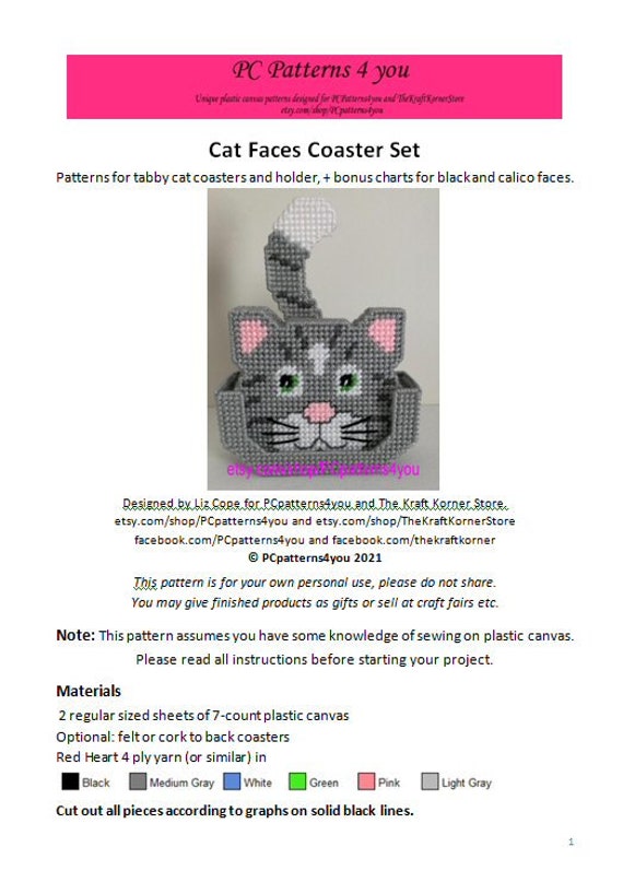 pdf PATTERN - Cat Face Coaster Set - pdf digital download