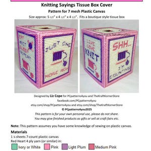 pdf PATTERN - Knitting Sayings Tissue Box Cover - pdf download for 7 mesh plastic canvas