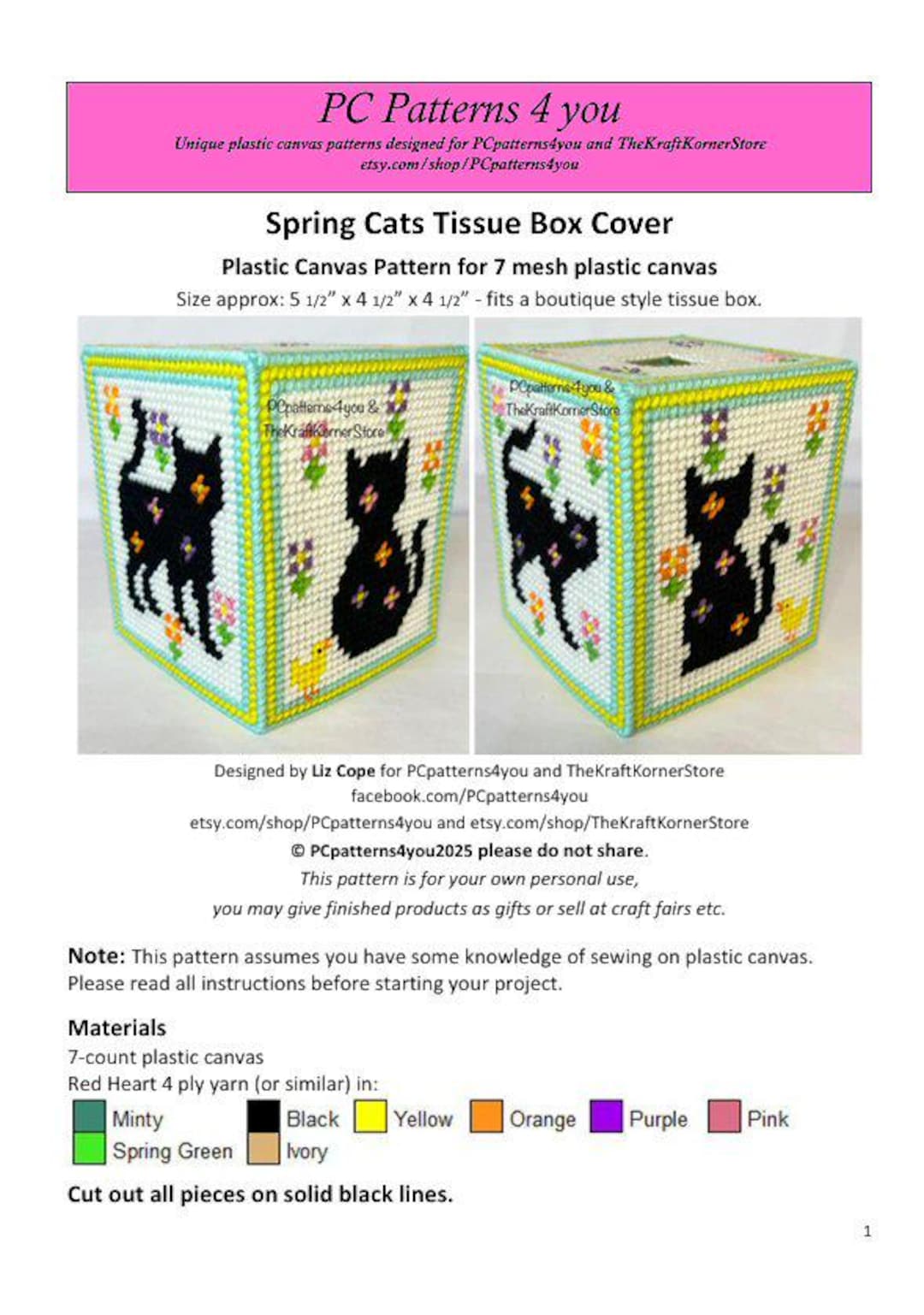 Pdf PATTERN - Spring Cats Tissue Box Cover - Pdf Download for 7 Mesh ...