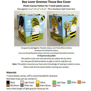 pdf pattern - Bee Lover Gnomes Tissue Box Cover - pdf download for 7 mesh plastic canvas
