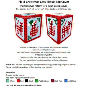 May include: A pattern for a plaid Christmas cats tissue box cover. The design features red cats, green accents, and a light blue background. The pattern is designed for 7-mesh plastic canvas and fits a boutique-style tissue box, approximately 14 cm x 11.4 cm x 11.4 cm.