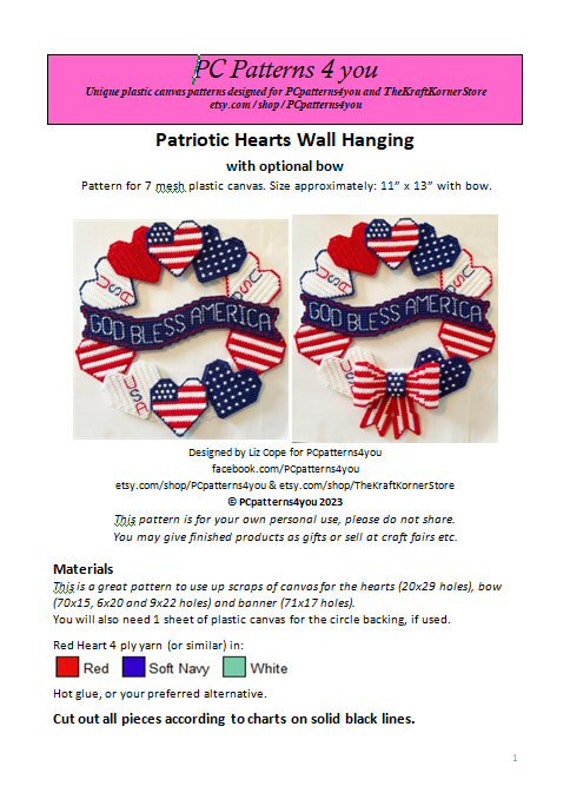 pdf PATTERN - Patriotic Hearts Wall Hanging- pdf download for 7 mesh plastic canvas