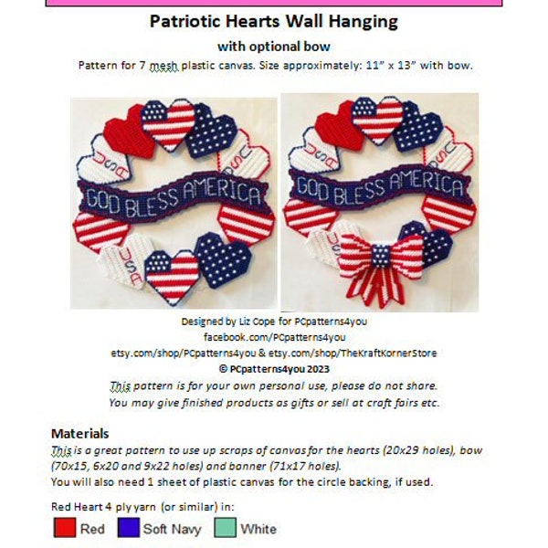 pdf PATTERN - Patriotic Hearts Wall Hanging- pdf download for 7 mesh plastic canvas