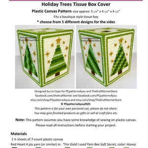 Puede incluir: Patrón de lona plástica para la caja de pañuelos Holiday Trees. El diseño presenta un árbol de Navidad verde con estrellas doradas sobre un fondo blanco. La caja de pañuelos mide aproximadamente 13,3 cm x 11,4 cm x 11,4 cm.