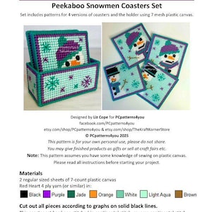 May include: A set of four plastic canvas coasters featuring a snowman design. The coasters are in shades of purple, white, green, and orange. The pattern includes instructions for making the coasters and a holder for them.