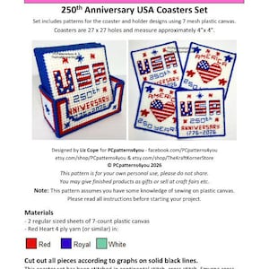 May include: A set of plastic canvas coasters and holder with a patriotic theme. The coasters feature the text "USA" and "250th Anniversary 1776-2026" in red, white, and blue. Each coaster measures approximately 4" x 4".