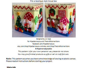 pdf pattern - Christmas Gnomes at Home Tissue Box Cover - pdf download for 7 mesh plastic canvas