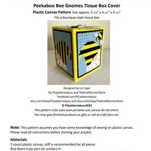 pdf PATTERN - Peekaboo Bee Gnomes Tissue Box Cover - pdf download for 7 mesh Plastic canvas