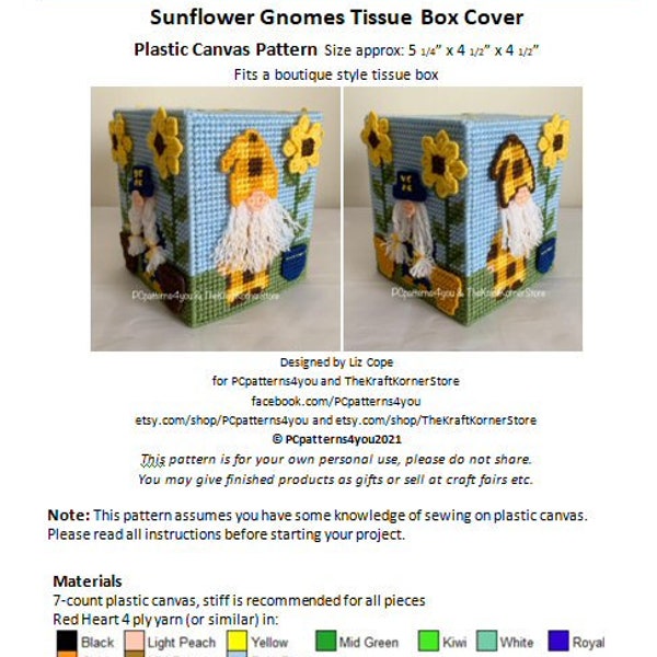 pdf pattern - Sunflower Gnomes Tissue Box Cover - pdf download for 7 mesh plastic canvas