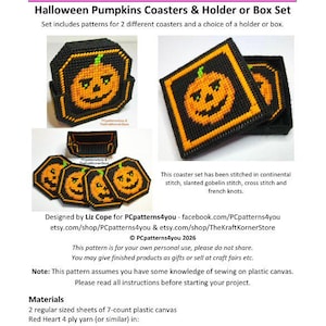 Könnte beinhalten: Ein Kunststoff-Stickvorlagen-Set mit dem Titel PC Patterns 4 you für Halloween-Kürbis-Untersetzer und einen Halter oder eine Box. Das Dokument enthält Bilder von fertigen Untersetzern, Anleitungen für Stiche und eine Liste der Materialien.