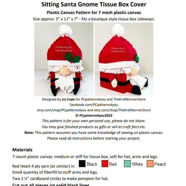 pdf PATTERN - Sneezy Santa Gnome Tissue Box Cover - pdf download for 7 mesh plastic canvas.