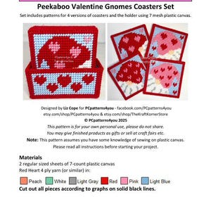 May include: A set of four plastic canvas patterns for Valentine's Day gnomes coasters. The patterns feature red, pink, and white hearts, and the text "Peekaboo Valentine Gnomes Coasters Set".