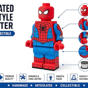 Peut inclure: Un personnage articulé de style bloc de 40,64 cm de haut avec un design Spider-Man rouge et bleu. La figurine possède une tête rotative, des bras et des jambes mobiles. Le texte sur l'image inclut Articulated Block-Style Character et 3D Printed Collectible.