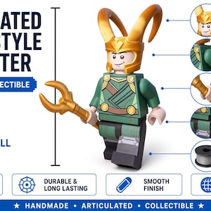 May include: A 16-inch tall articulated block-style character figure with a gold horned helmet and a gold staff. The figure wears a green and gold outfit. Text includes ARTICULATED BLOCK-STYLE CHARACTER, 3D PRINTED COLLECTIBLE, and 16 INCHES TALL.