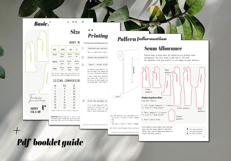 All our patterns come with custom pdf booklets that contain a lot of information, from printing instructions, sizing, pattern information, seam allowances and so forth.