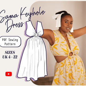 Keyhole V-Neck Dress Sewing Pattern with Gathered Skirt, Ring Cutout Dress Pattern, Low Back Going Out Midi Dress Sewing Pattern, PDF