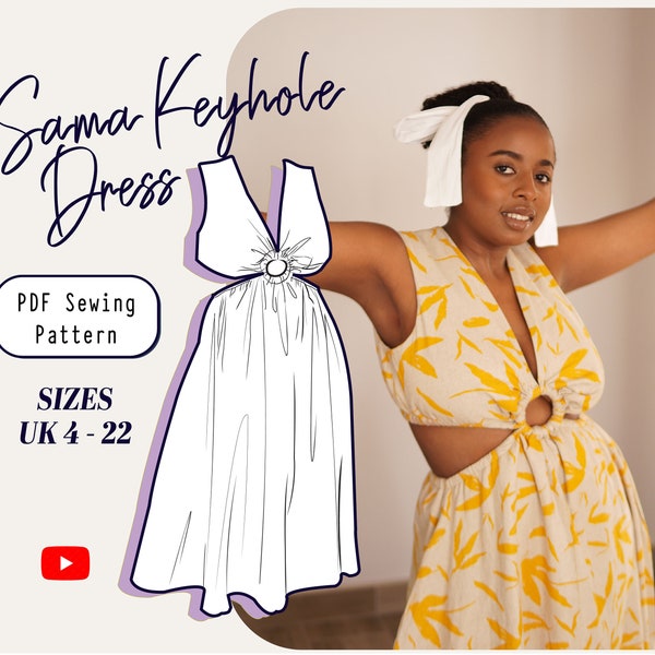 Keyhole V-Neck Dress Sewing Pattern with Gathered Skirt, Ring Cutout Dress Pattern, Low Back Going Out Midi Dress Sewing Pattern, PDF