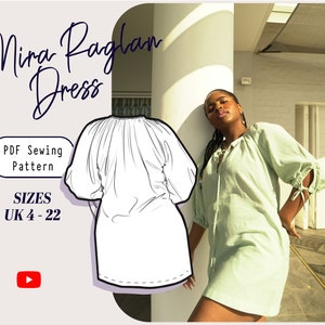 May include: A digital illustration of a dress with a gathered neckline and puff sleeves. The dress is shown on a model wearing a similar dress in a light green color. The text "Mira Raglan Dress" is written in a handwritten font. The text "PDF Sewing Pattern" and "SIZES UK 4 - 22" is also included.