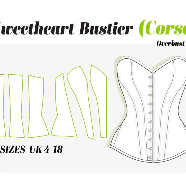 SWEETHEART CORSET sewing pattern Bustier top digital pdf sewing pattern Cottagecore Corset pattern, overbust bustier, patron UK(4-18)