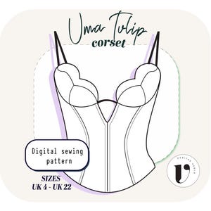 Puede incluir: Un patrón de costura digital para un corsé Uma Tulip. El diseño está ilustrado en blanco y negro, con un corpiño estructurado y un escote corazón. El patrón incluye tallas UK 4-UK 22.