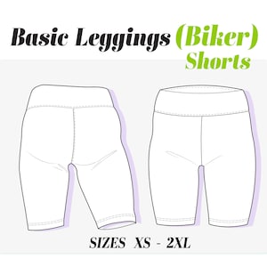 Puede incluir: Dibujo de línea de un par de pantalones cortos básicos de ciclista. Los pantalones cortos se muestran desde el frente y la espalda. El texto "Basic Leggings (Biker) Shorts" está encima de la imagen. El texto "SIZES XS - 2XL" está debajo de la imagen.