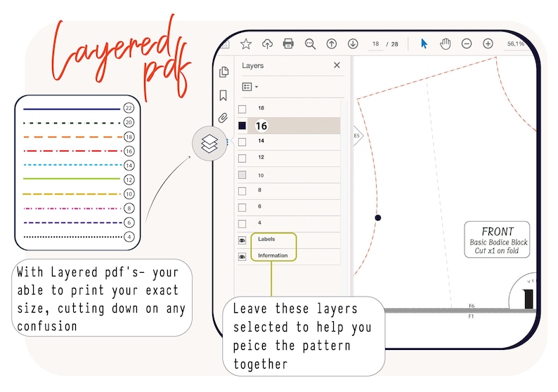 Patterns come in layered pdf, that allows you to select your exact size. With layered pdf’s, your able to print your specific size, cutting down on any confusion.