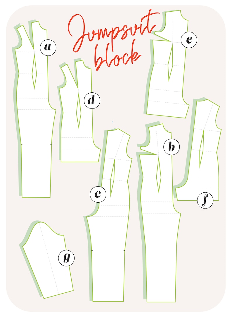 The pack contains a sleeve pattern, 2 long front Jumpsuit patterns basic and 1 Back pattern. 2 short Jumpsuit block  including 1 BACK pattern and 2 FRONT patterns (with a variation of dart manipulations)