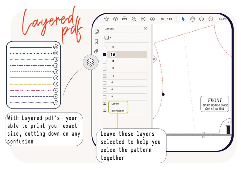 Patterns come in layered pdf, that allows you to select your exact size. With layered pdf’s, your able to print your specific size, cutting down on any confusion.