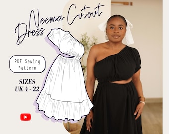 ONE SHOULDER CUT out dress Sewing Pattern, asymmetrical – Puff Sleeve Midi Dress with Ruffle Hem– Summer Party Dress – Beginner Friendly pdf