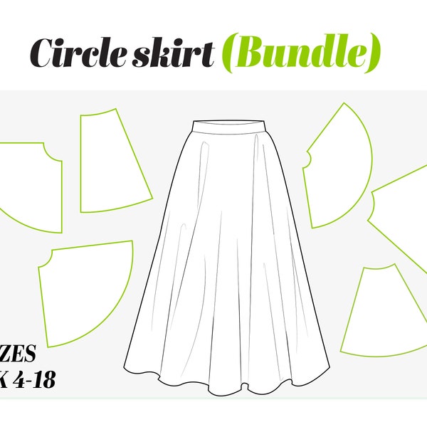 CIRCLE SKIRT PATTERN pack, (quarter, half, three quarter, full, one and a half, double) basic skirt block, pdf sewing patterns, uk 4-18