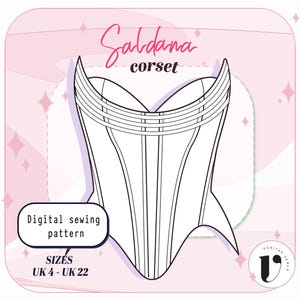 May include: A black and white line drawing of the Saldana corset, a digital sewing pattern for sizes UK 4 to UK 22. The illustration features a structured bodice with vertical panel lines and a sweetheart neckline, presented on a light pink background.