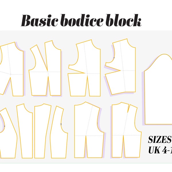 BASIC BODICE block sewing pattern, Women's Bodice block/torso & sleeve pattern, Princess seam pattern- pdf pattern, basic sloper UK (4-18)