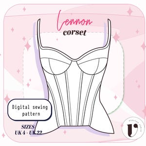 May include: A digital sewing pattern for a Lennon corset featuring a line drawing of a structured bodice with thin straps and vertical seams. The text reads Lennon corset, Digital sewing pattern, and SIZES UK 4 - UK 22.