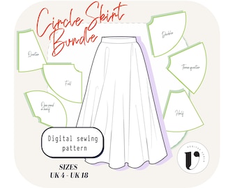 CIRCLE SKIRT PATTERN pack, (quarter, half, three quarter, full, one and a half, double) basic skirt block, pdf sewing patterns, uk 4-18