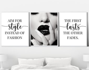 Style Remains Fashion Fades; 3 Piece Black and White Wall Art Print; Fashion / Beauty Lip Art; Digital Files
