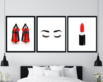3 Piece Fashion Inspired Art; Red Lips, Eyelash and Heels Art Set; Dorm / Bedroom Pieces; Red and Black Decor Accents; Digital Photo Print