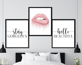 Hello Beautiful; Stay Gorgeous; 3 Piece White and Pink Prints; Beauty Room Wall Art; Lips Wall Art; Digital Download Prints