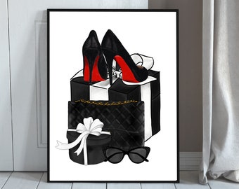 Black and White Fashion Art; Black Heels Digital Print; Fashion Art; Red and Black Accents