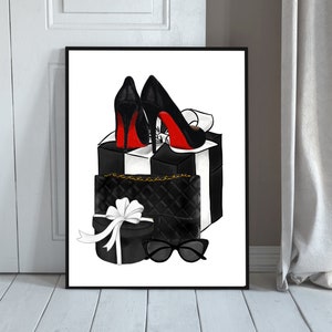 Zwart-wit modekunst; Zwarte hakken digitale print; Mode Kunst; Rode en zwarte accenten