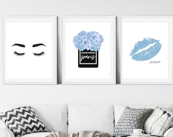 3 Piece Blue, White and Black Fashion Print Set with Flowers; Lipstick and Eye Lash Wall Art, Perfume Print