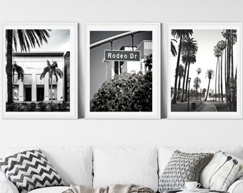 3 Piece Black and White Glam Photos; Rodeo Drive Los Angeles; Modern Fashion Artwork; Digital Print; Wall Art / Poster