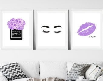 3 Piece Purple, White and Black Fashion Print Set with Flowers; Lipstick and Eye Lash Wall Art, Perfume Print