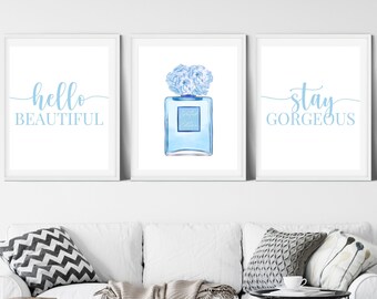 Hello Gorgeous; Stay Beautiful; 3 Piece Blue and White Fashion Print Set; Perfume Bottle Wall Art; Digital Download