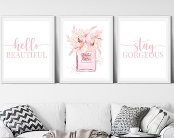 3 Piece Pink and White Wall Art; Perfume and Flowers Print Set; Hello Gorgeous; Stay Beautiful; Bedroom Digital Print