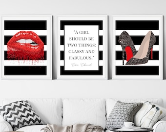 3 Piece Red, Black and White Wall Art; Fashion Heels  Prints; Red Lip Artwork; Fashion Quote; Digital File